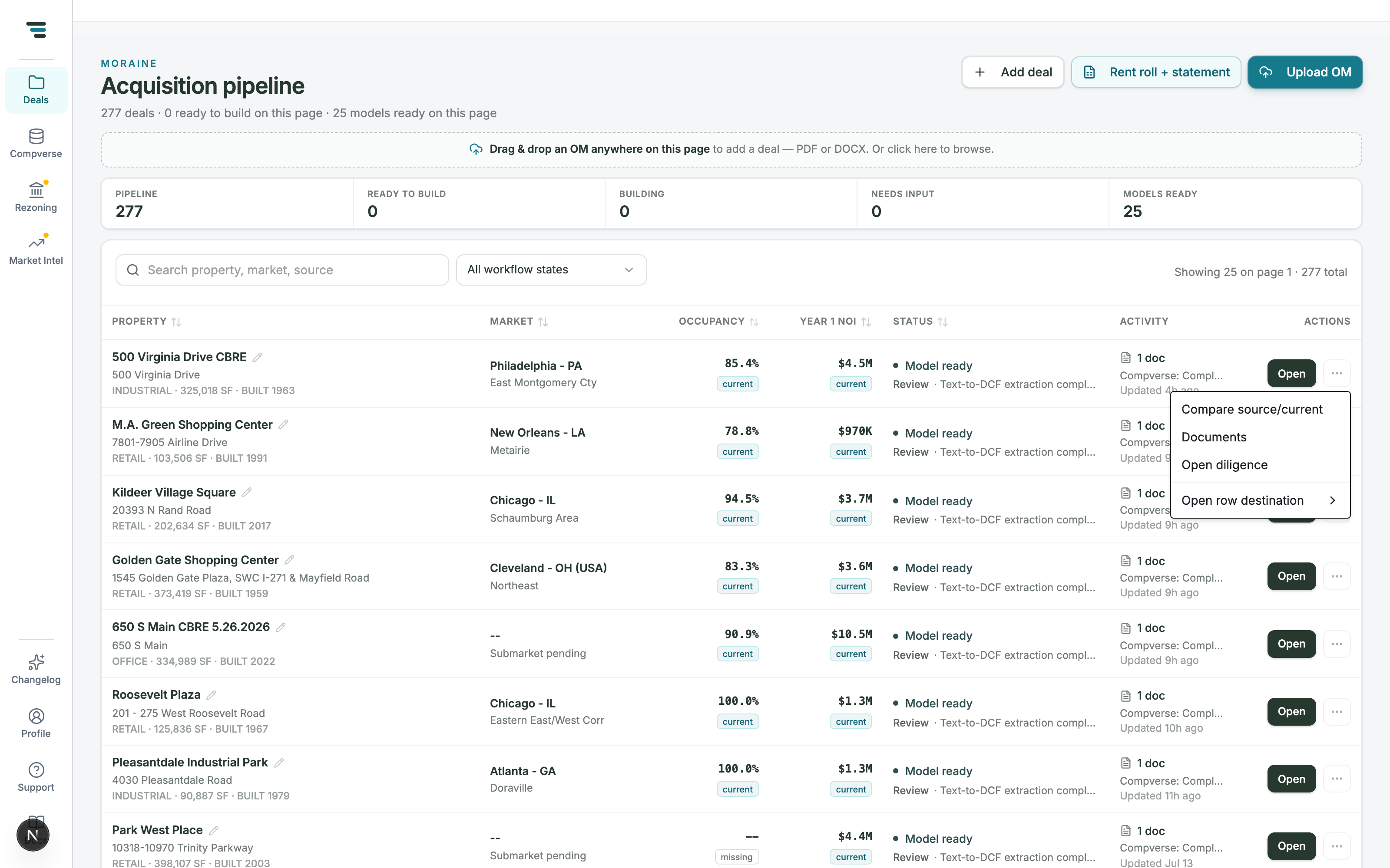 A pipeline row's overflow menu showing Compare source/current, Documents, Open diligence, and Open row destination.