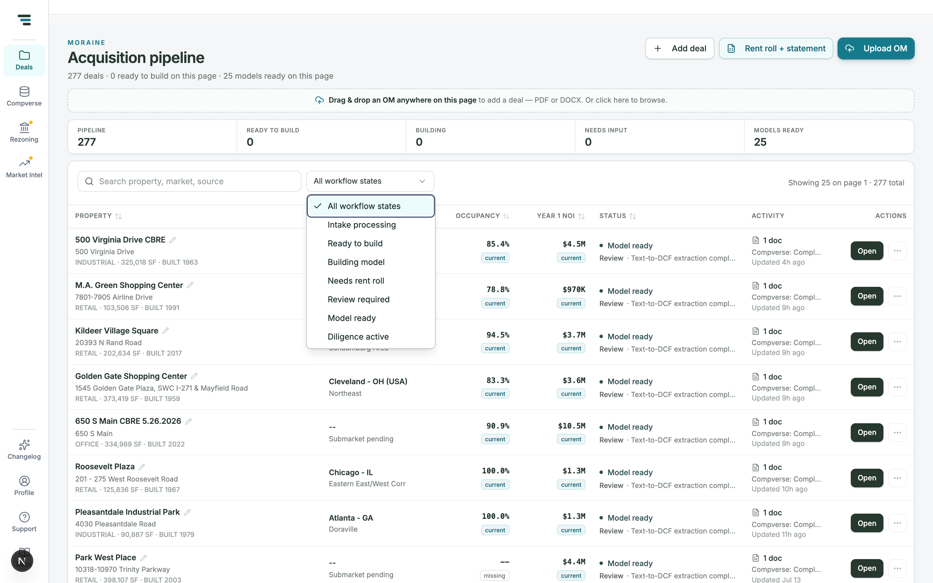 The workflow filter open over the pipeline, listing All workflow states, Intake processing, Ready to build, Building model, Needs rent roll, Review required, Model ready, and Diligence active.
