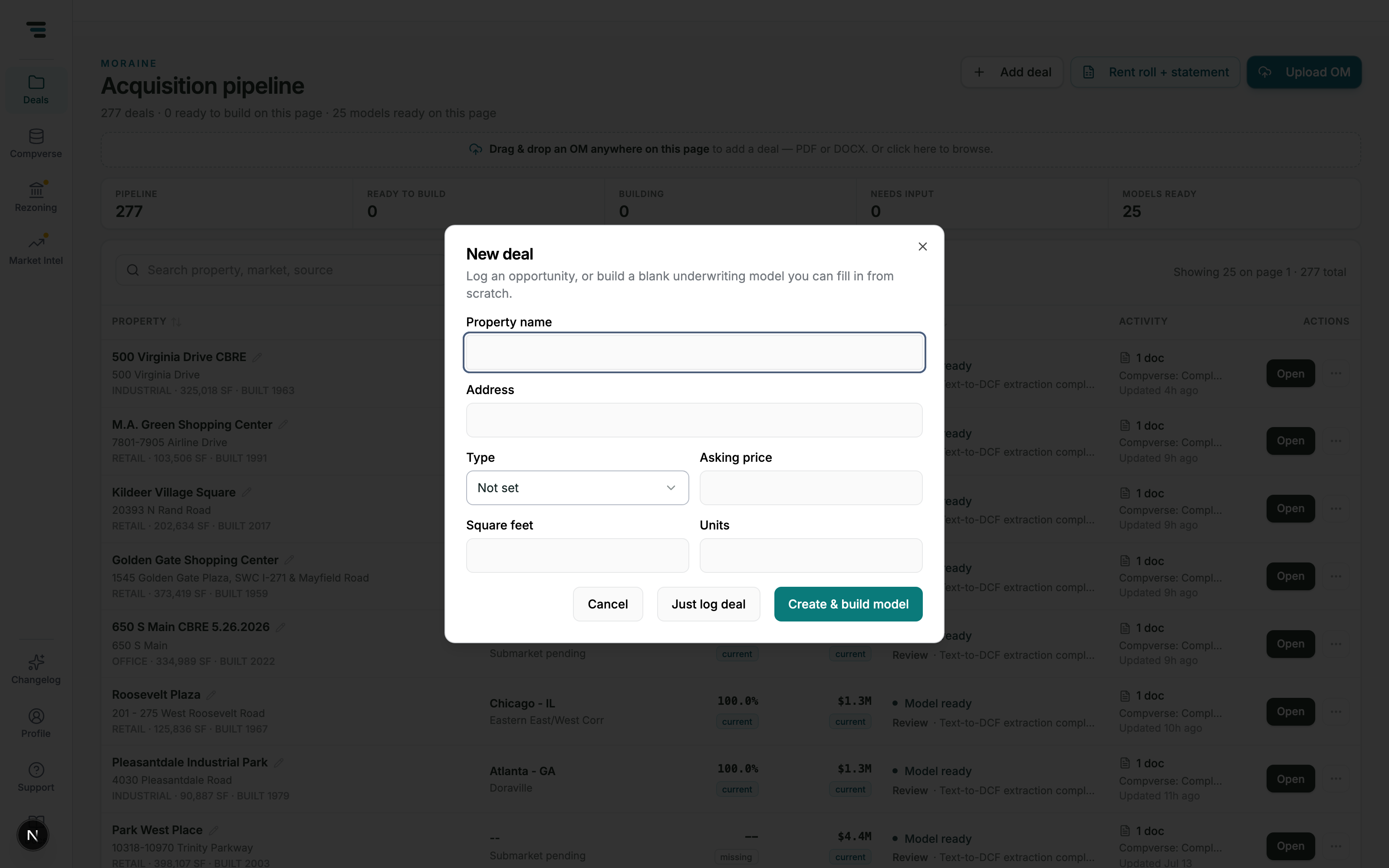 The New deal dialog with Property name, Address, Type, Asking price, Square feet, and Units fields, plus Just log deal and Create & build model buttons.