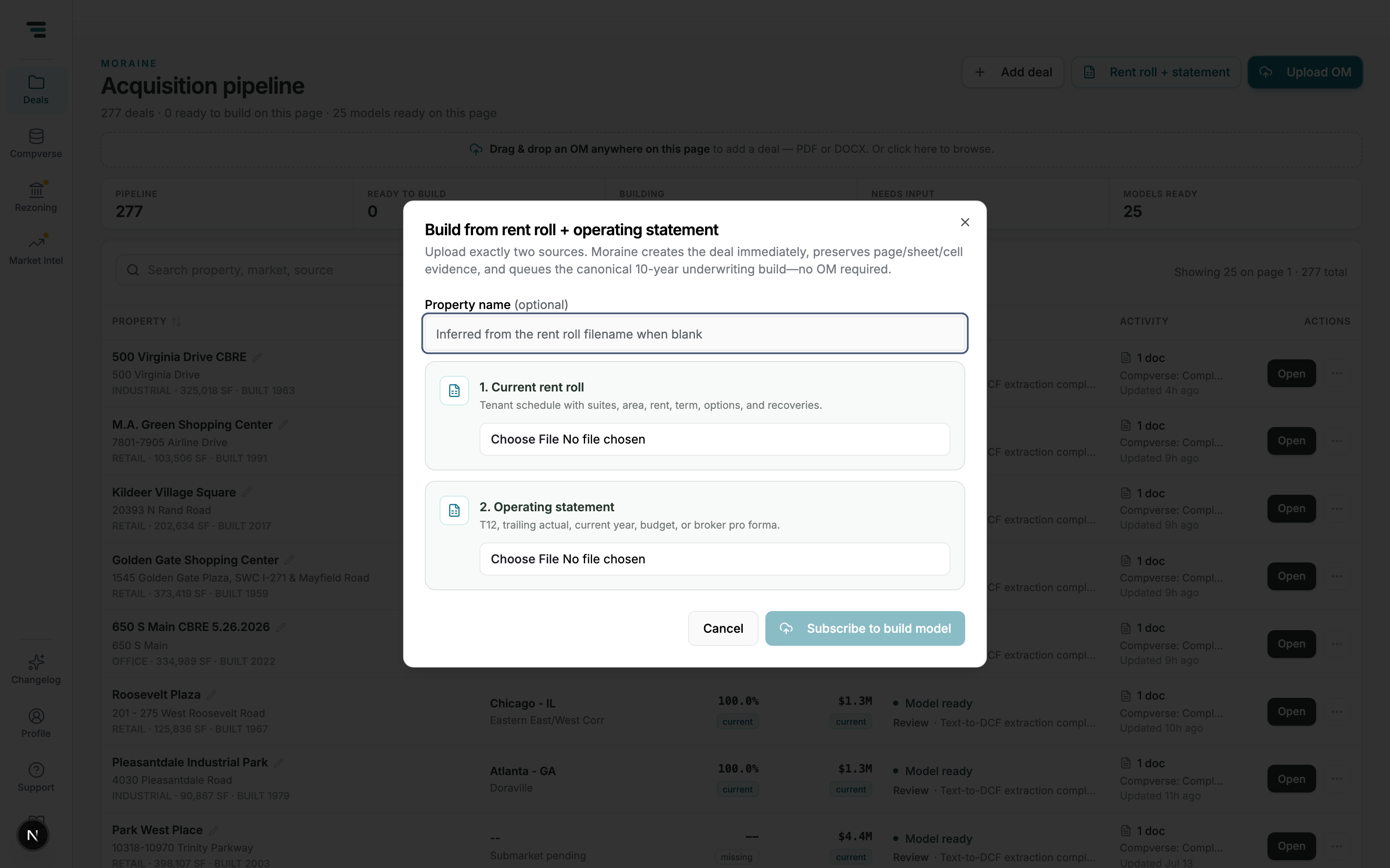 The Build from rent roll + operating statement dialog with an optional property name and two upload slots: Current rent roll and Operating statement.
