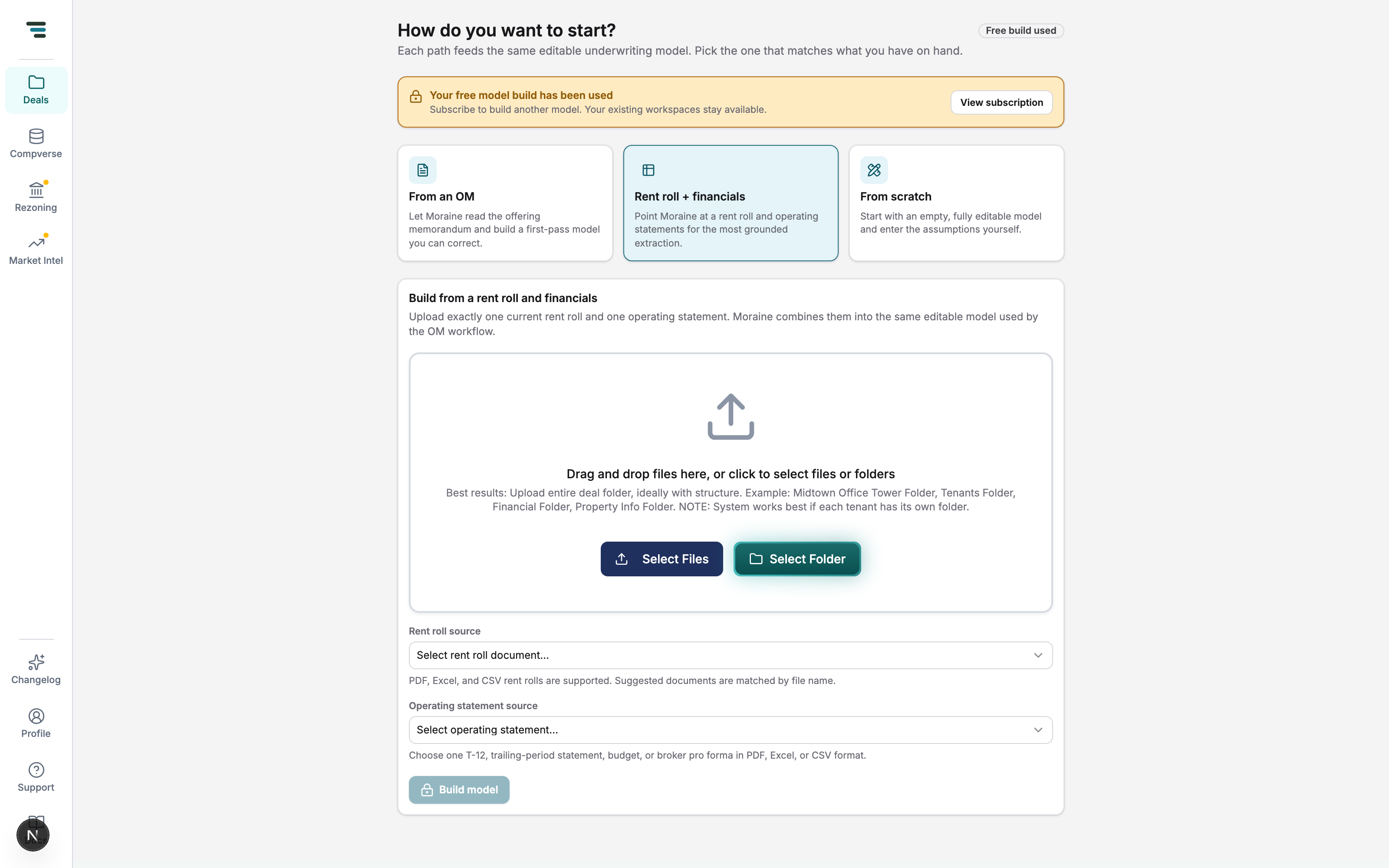 The Rent roll + financials lane: a drag-and-drop upload zone with Select Files and Select Folder buttons above Rent roll source and Operating statement source selectors.