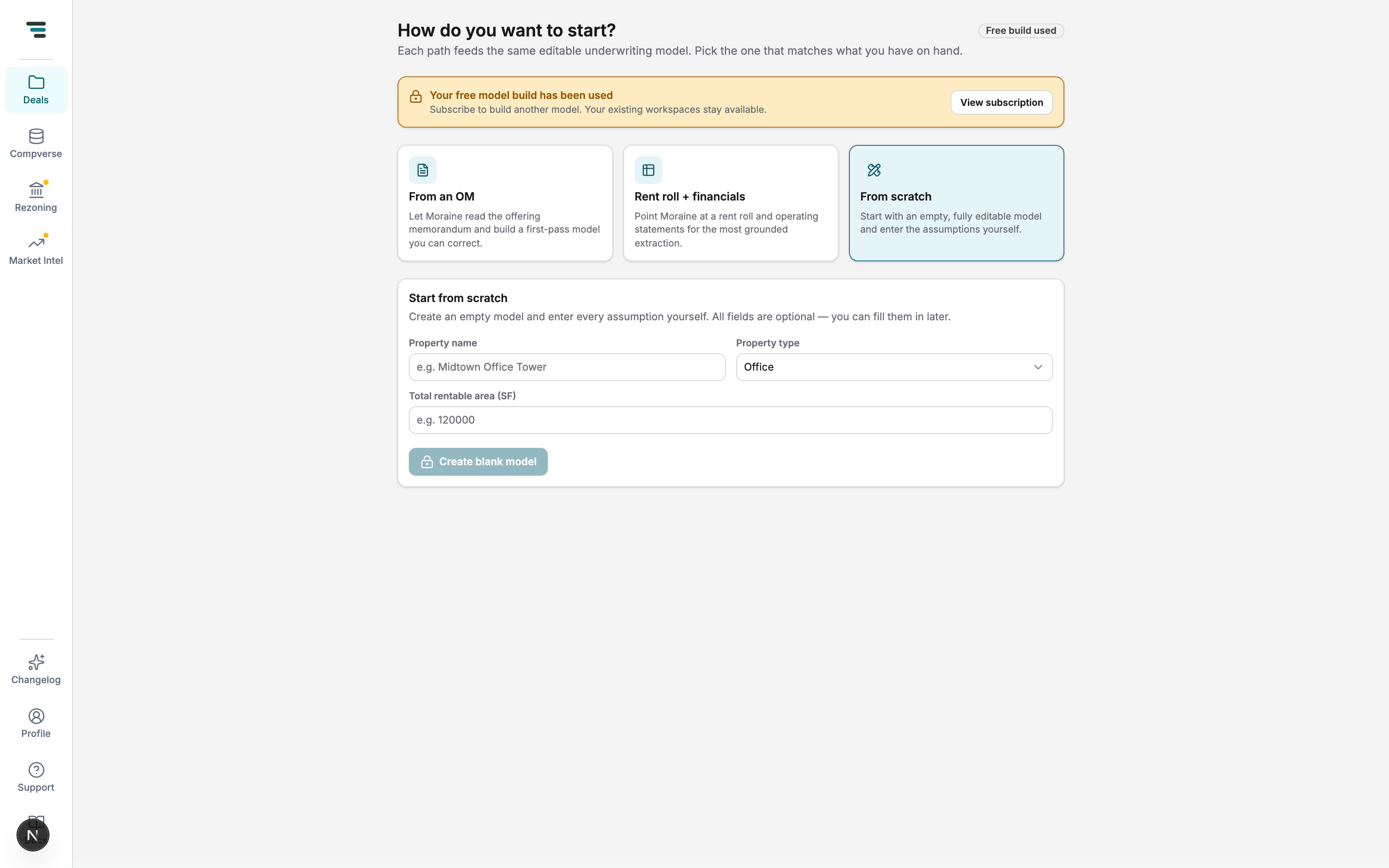 The From scratch lane with Property name, Property type, and Total rentable area fields above a Create blank model button.