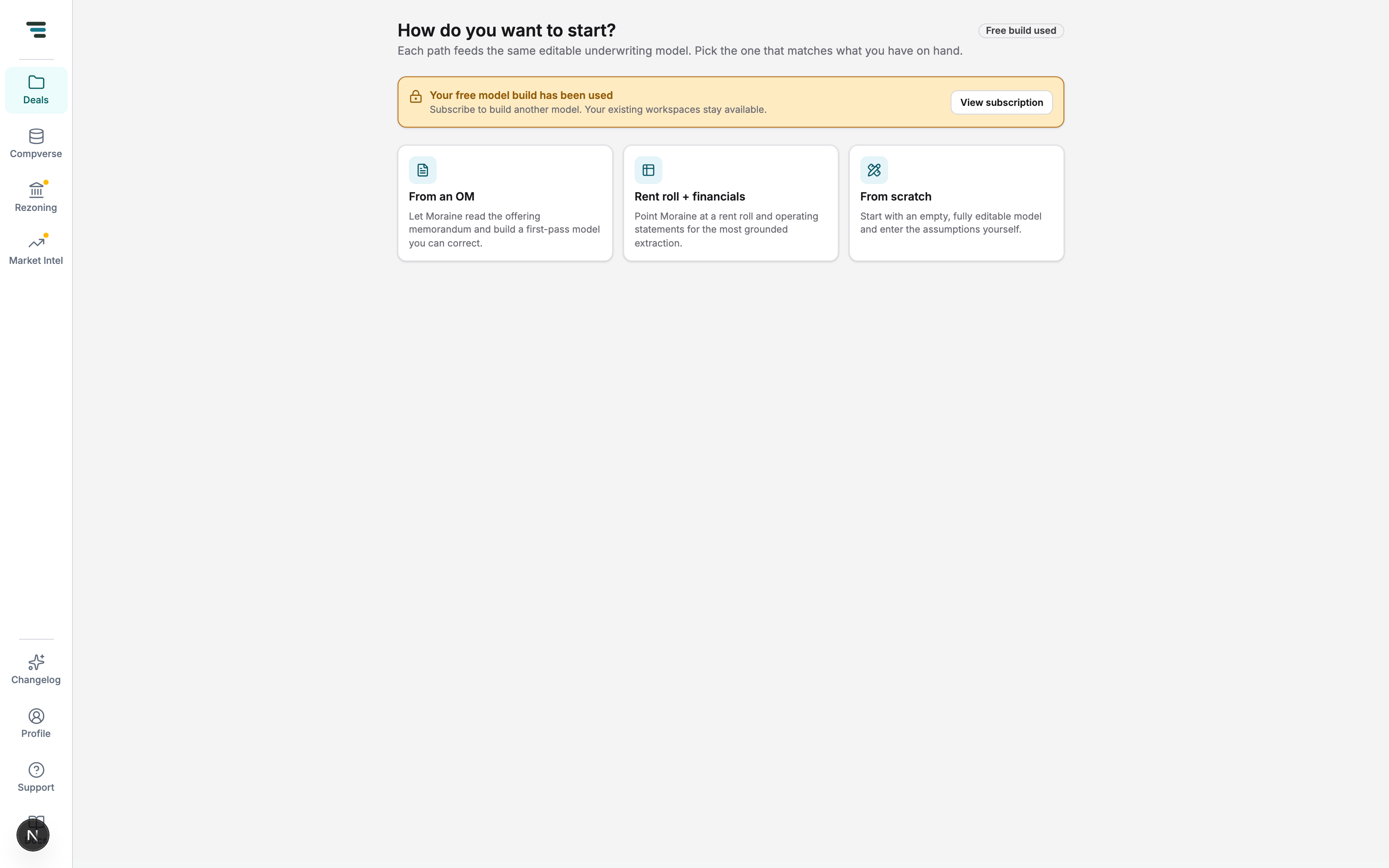 The launcher asking How do you want to start, with From an OM, Rent roll + financials, and From scratch lanes, and a Free build used banner.