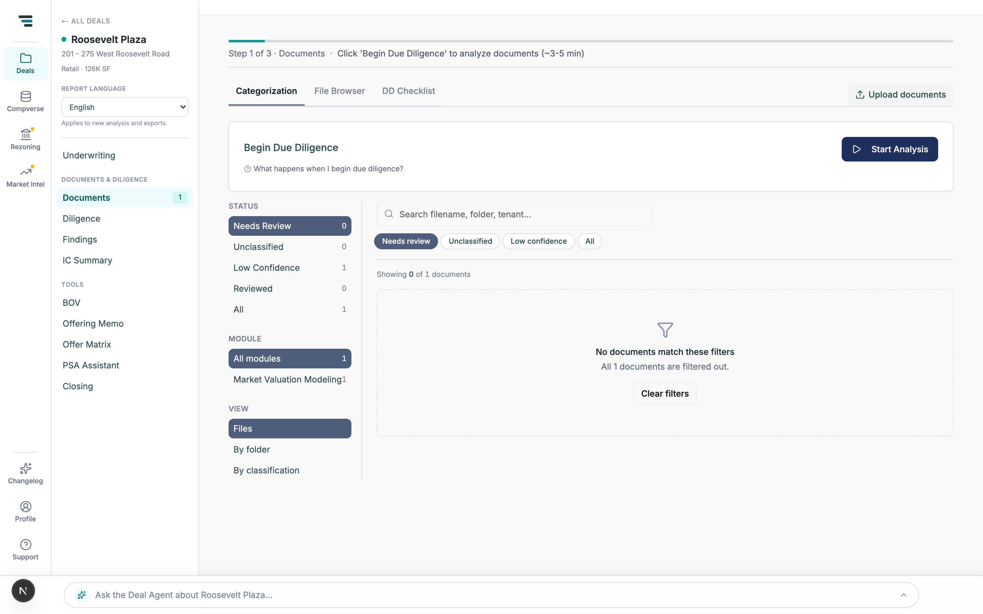 The Documents view on the Categorization tab: a Begin Due Diligence banner with Start Analysis button, status filters (Needs Review, Unclassified, Low Confidence, Reviewed, All), module and view filters, and a document list.