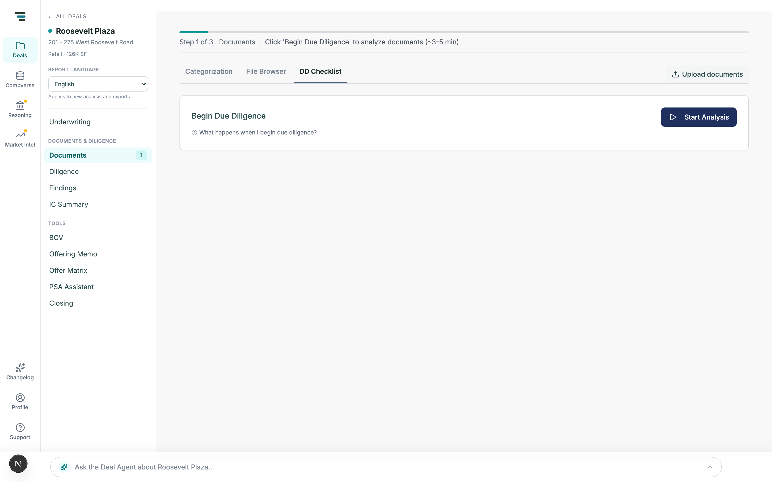 The DD Checklist tab before analysis, showing only the Begin Due Diligence banner with Start Analysis.