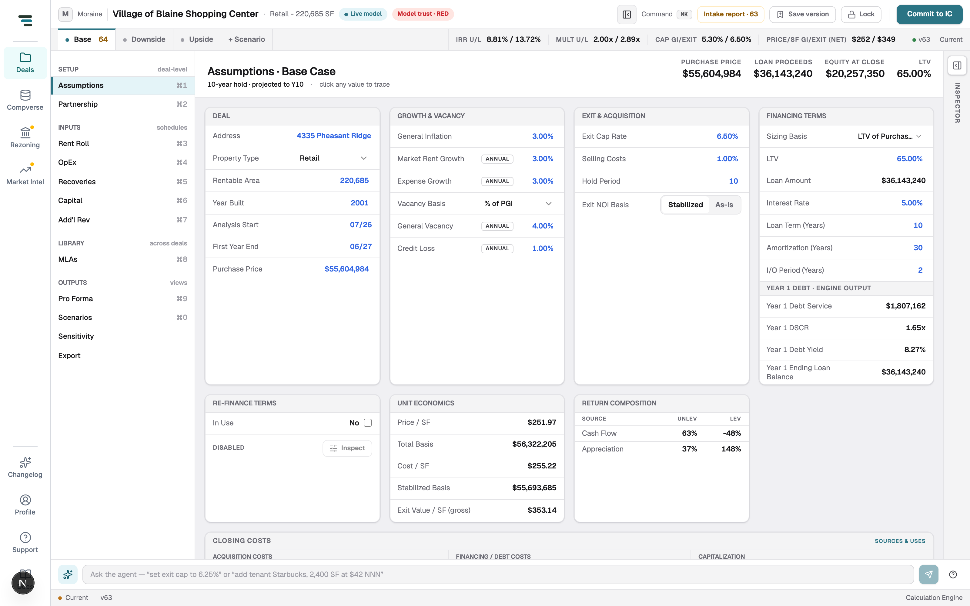The Assumptions view: Deal, Growth & Vacancy, Exit & Acquisition, Financing Terms, Re-finance Terms, Unit Economics, and Return Composition cards, with a header stat rail.
