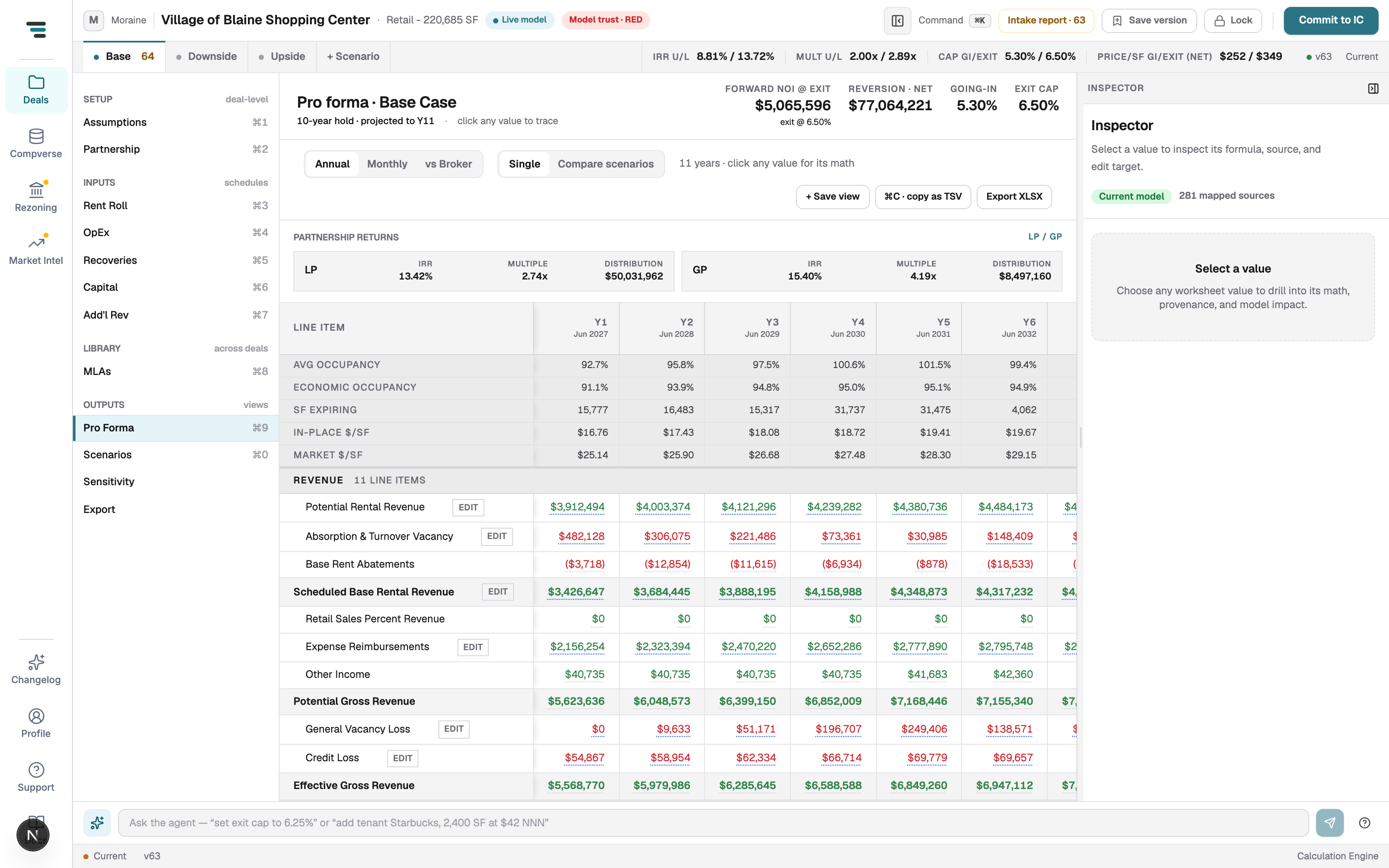 The workspace with the Inspector open in its resting state: Select a value to inspect its formula, source, and edit target — Current model · 281 mapped sources.