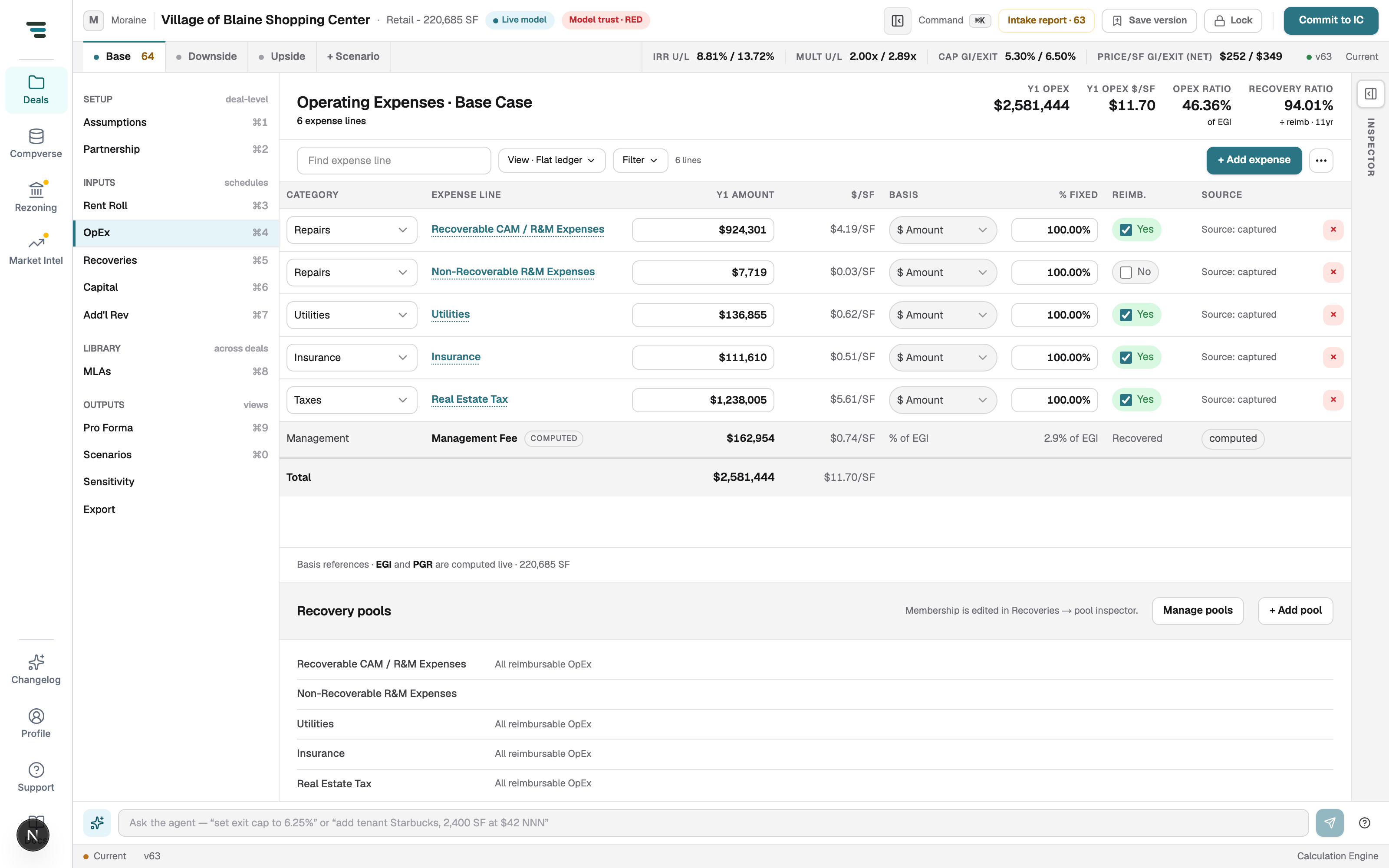The Operating Expenses ledger: rows with category, expense line, Y1 amount, $/SF, basis, % fixed, reimbursable toggle, and source; a computed Management Fee row; Recovery pools section below.