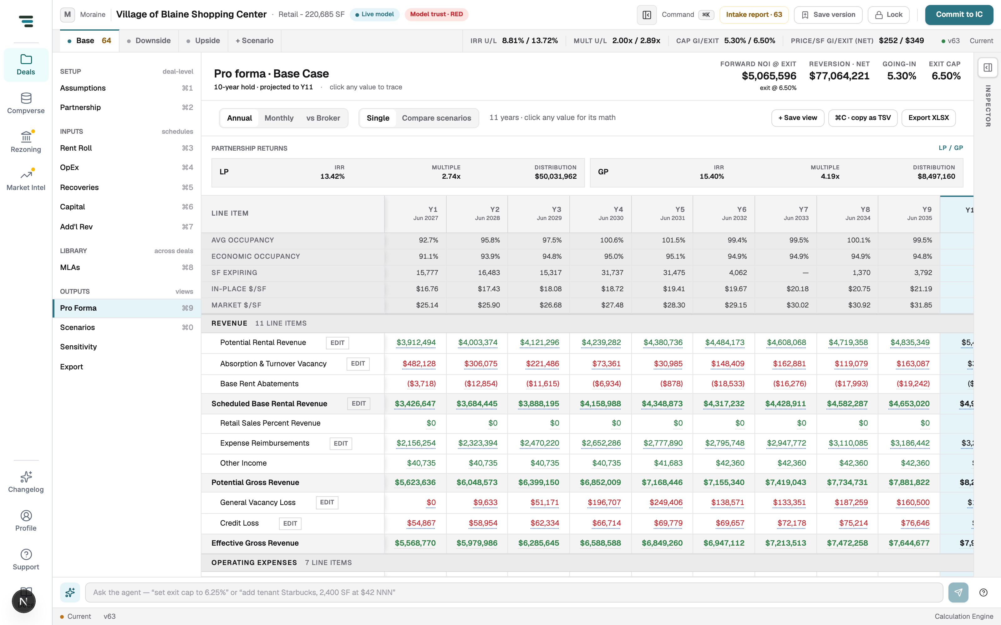 The annual pro forma: statistics rows (avg occupancy, economic occupancy, SF expiring, in-place and market $/SF) above revenue line items with EDIT chips, years Y1 through the exit year in columns.