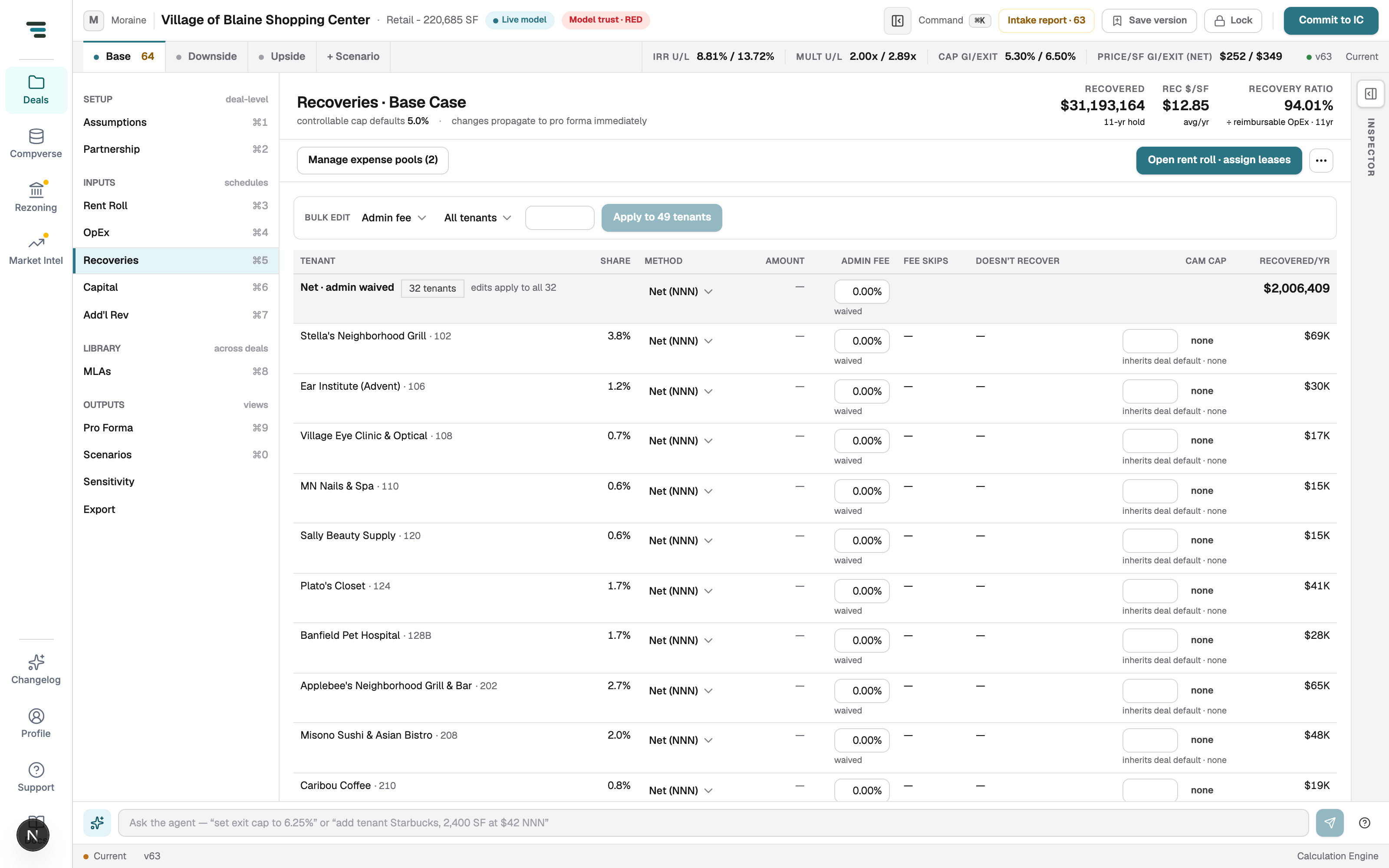 The Recoveries treatment matrix: a bulk-edit bar, a rolled-up Net · admin waived group applying to 32 tenants, then per-tenant rows with method, admin fee, CAM cap, and recovered per year.