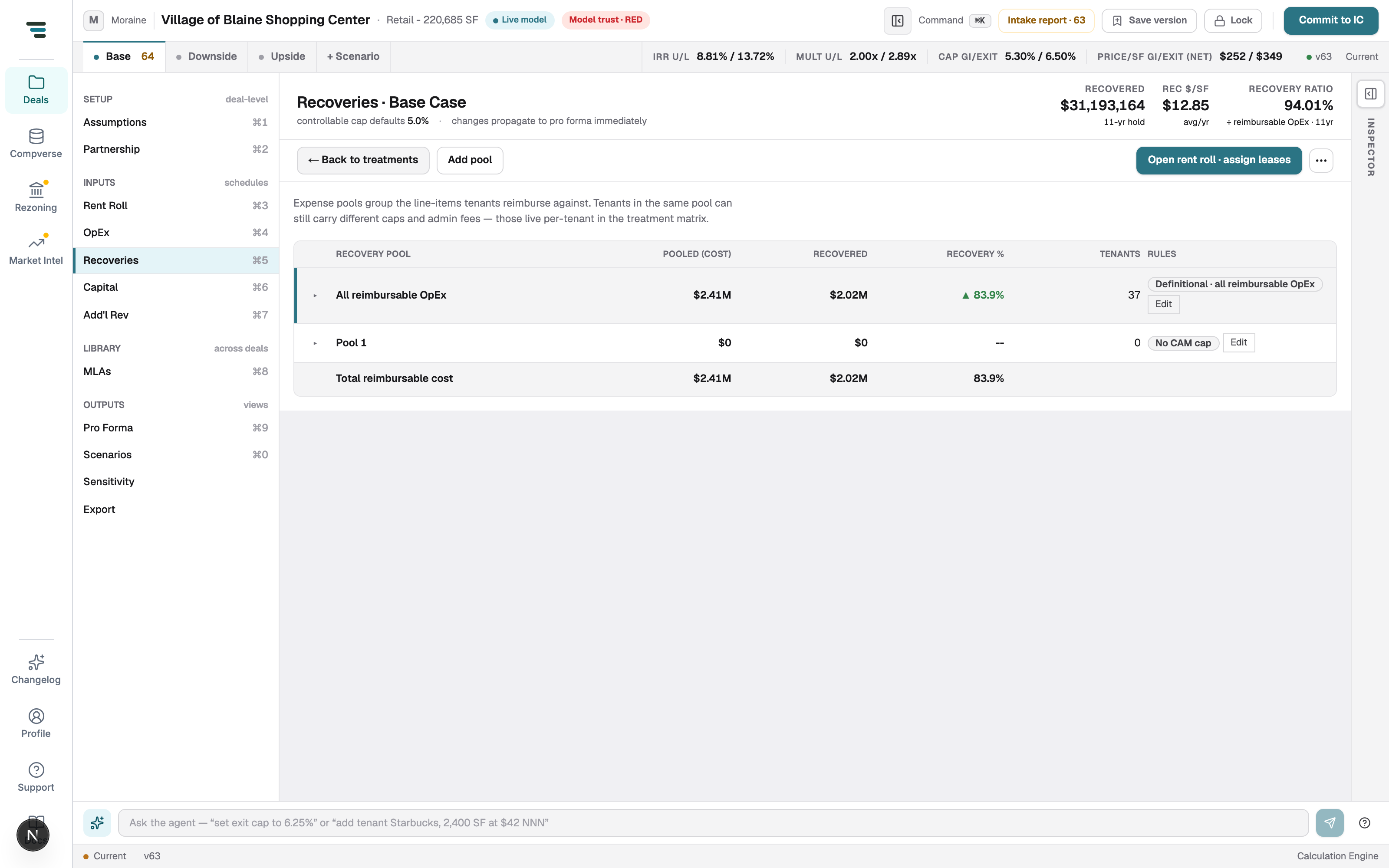 The expense pool view: All reimbursable OpEx pool with pooled cost, recovered amount, recovery %, tenant count, and rules; an Add pool button and Back to treatments.
