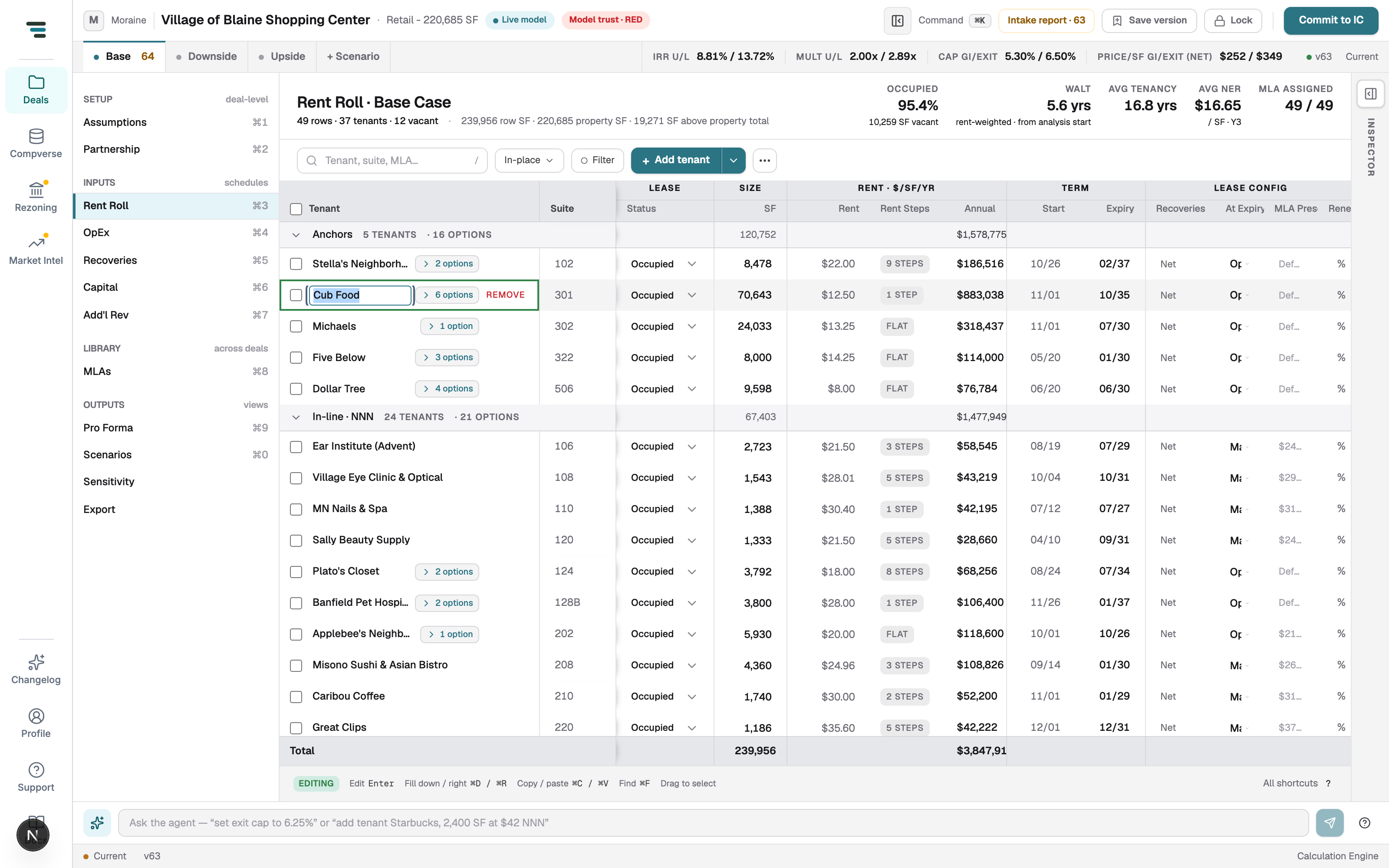 A tenant name cell in edit mode with the row highlighted and a REMOVE action visible; the footer shows EDITING.