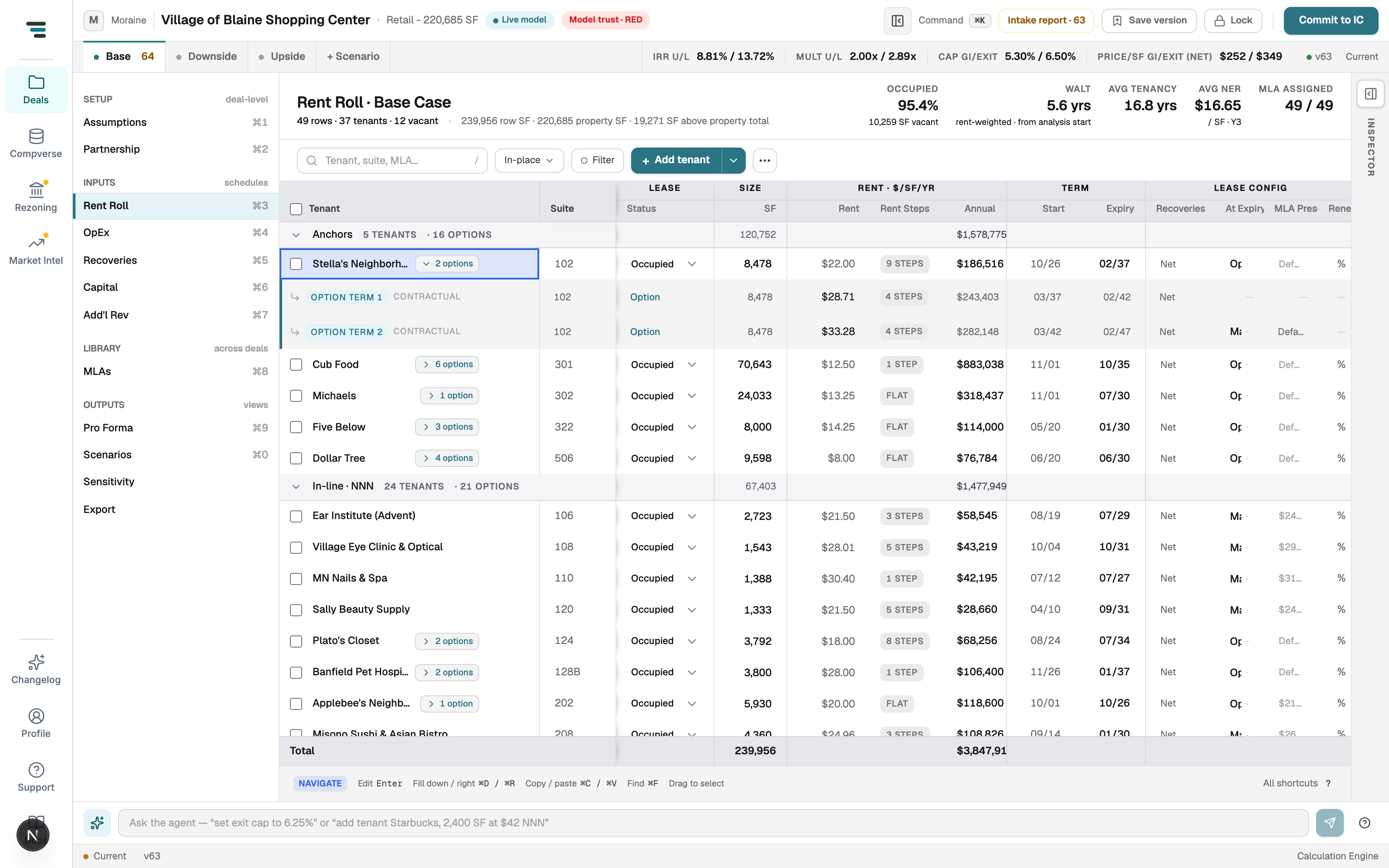 A tenant row expanded to show OPTION TERM 1 and OPTION TERM 2 rows marked CONTRACTUAL, each with its own rent, steps, and term dates.