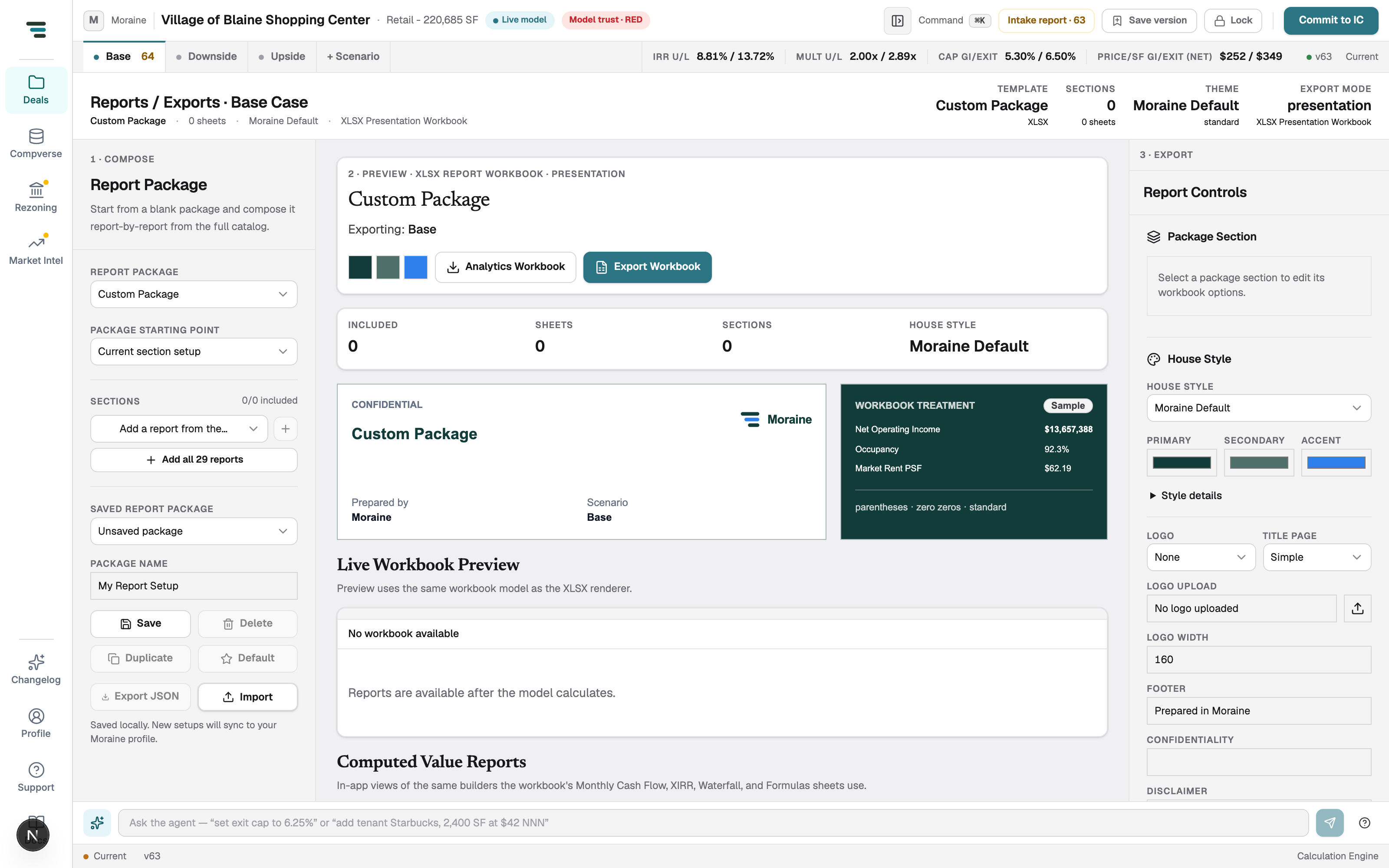 The Reports / Exports view: Compose panel with report package and sections, live workbook preview center with Analytics Workbook and Export Workbook buttons, and Report Controls with house style, logo, and title page options on the right.
