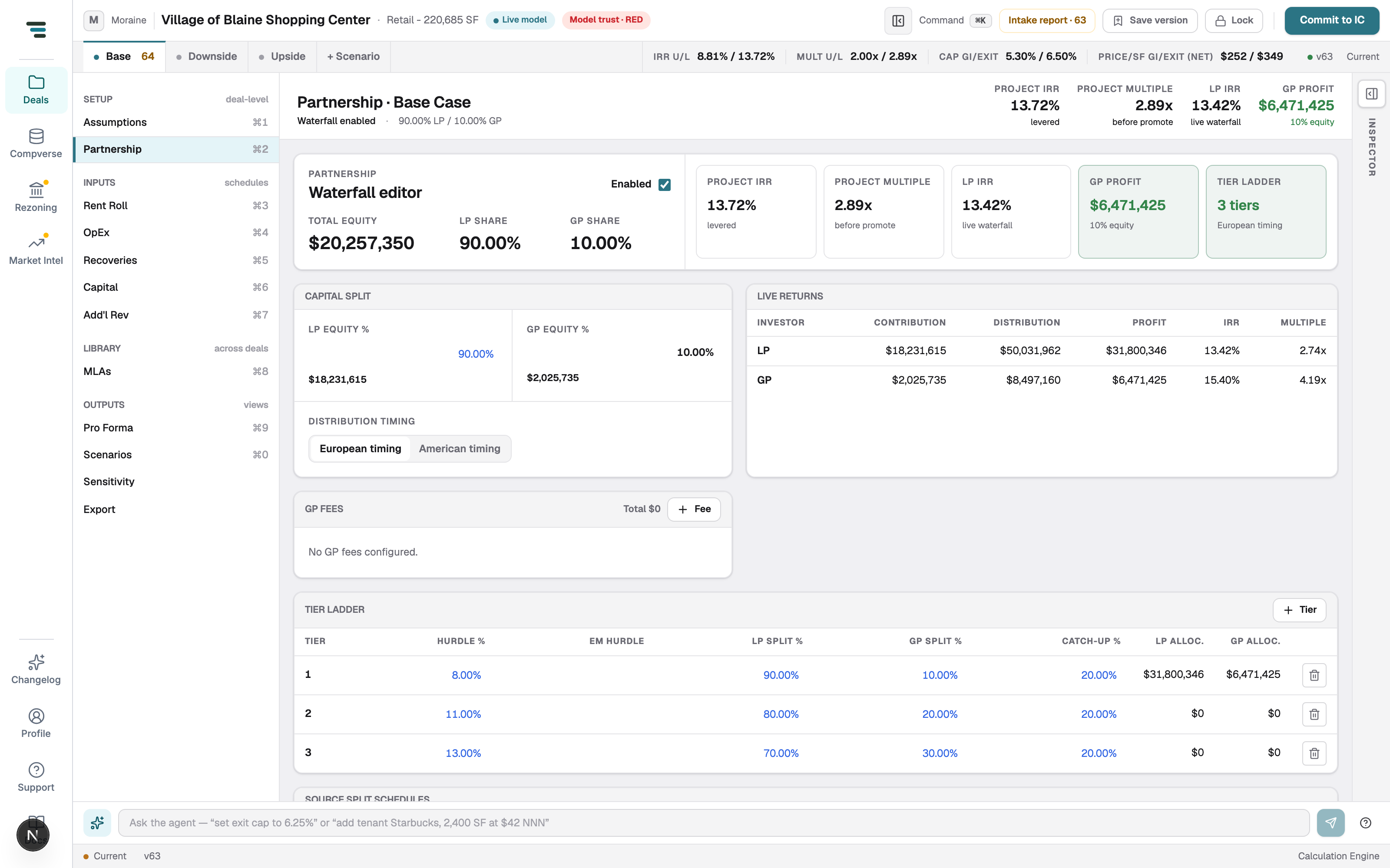 The Partnership view: Waterfall editor with Enabled checkbox, total equity and LP/GP shares, capital split, distribution timing toggle, GP fees, tier ladder, and a live returns table with LP and GP rows.
