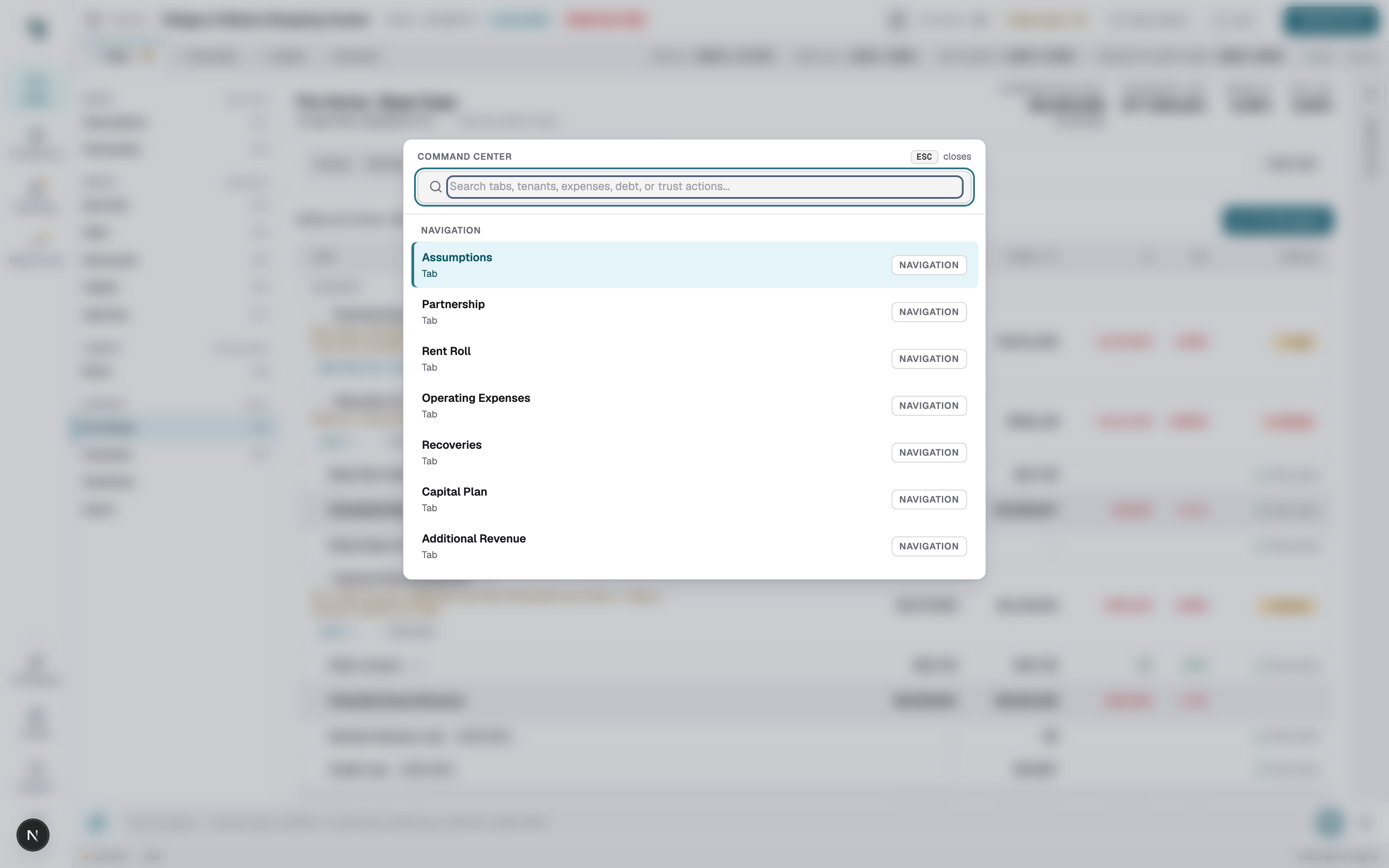 The Command Center dialog over the workspace, with a search input and navigation results.